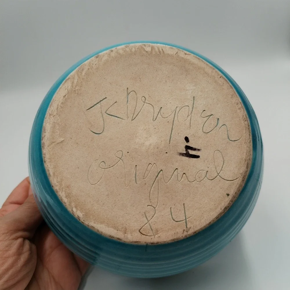 J Dryden Original Pottery Turquoise Drip Glaze Studio Bowl Signed 1984